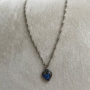 925 Silver Marked Small Heart Pendant w/6 Blue Rhinestones and Silver Chain
